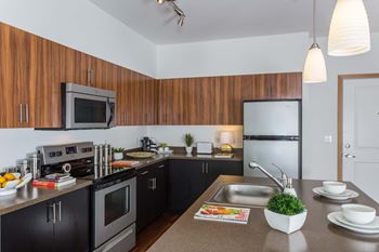 Fully furnished kitchen with stainless steel appliances